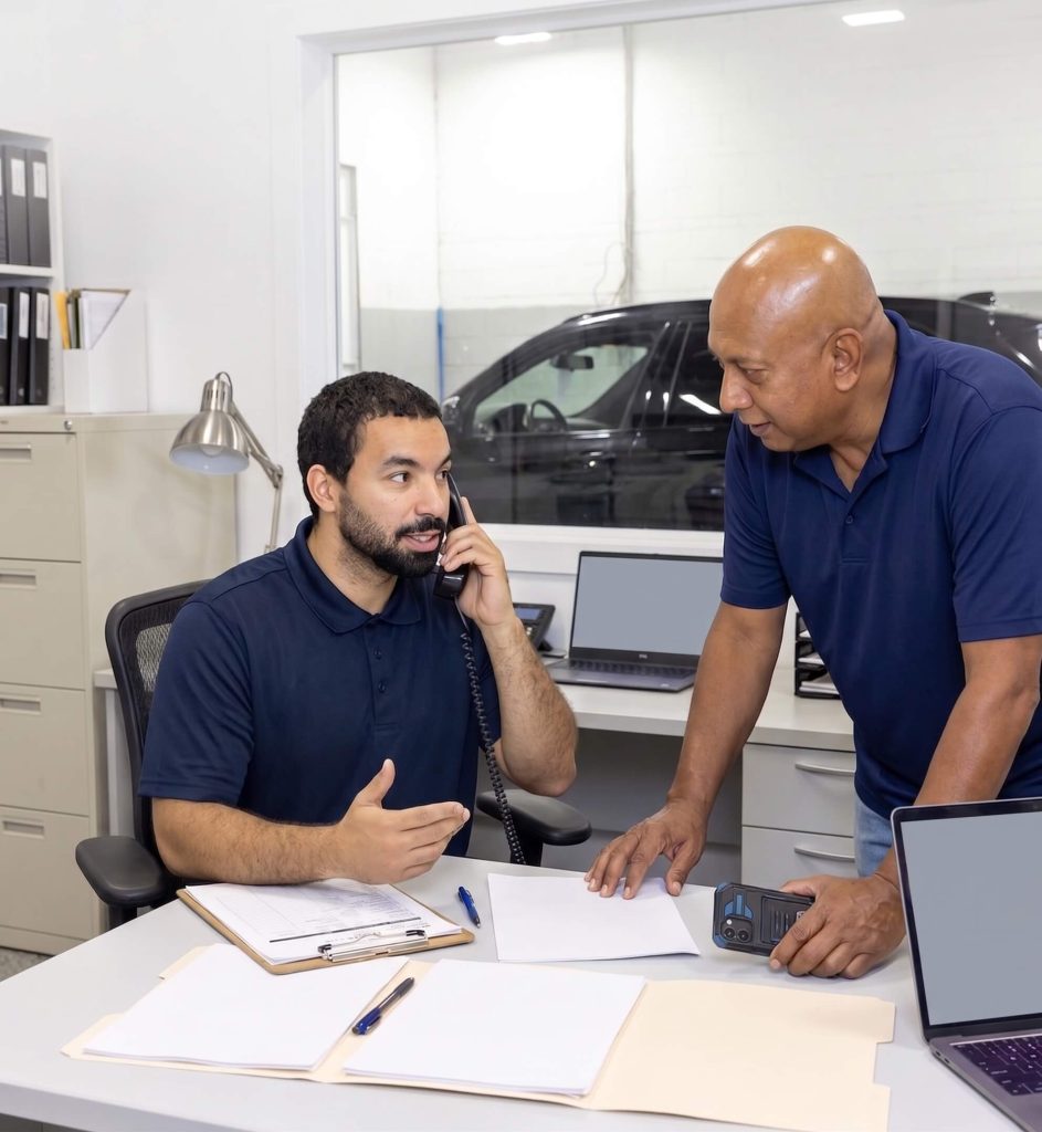 Conseillers en carrosserie accompagnant un client dans ses démarches d’assurance automobile après un accident.