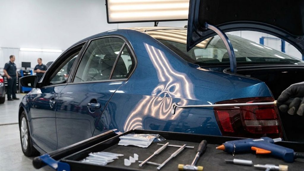 debosselage sans peinture sur une voiture dans le garage Carrxpert Charny